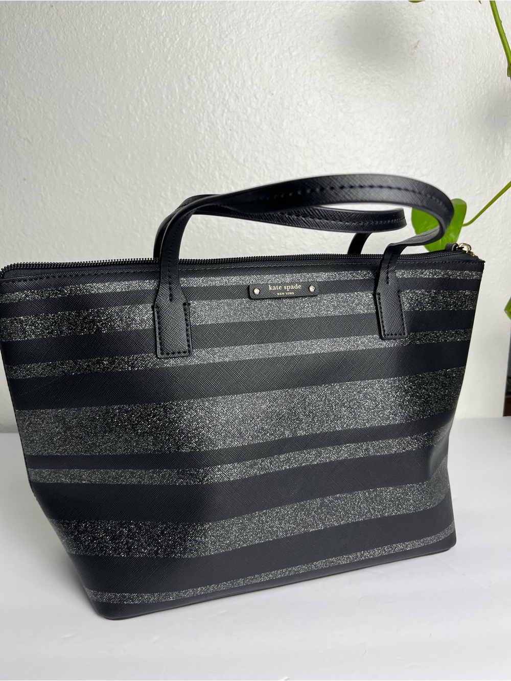 Kate Spade Black NawT Elegant Glitter Stripe Tote Bag